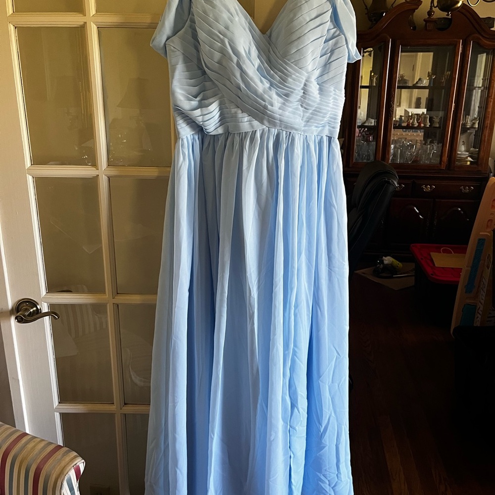 Light Blue Women's V-Neck Pleated Off The Shoulder Bridesmaid Dress